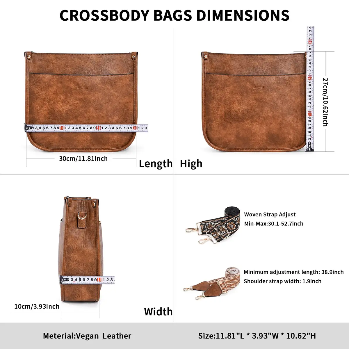 HKCLUF Vegan Leather Hobo Handbag With 2PCS Guitar Strap - Brown, 30.5cm (11.81in) - view 4