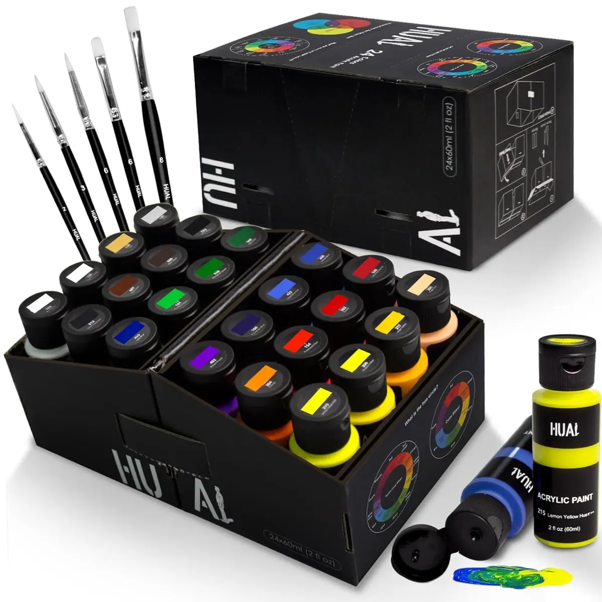 HUAL Acrylic Paint Set with 24 Colors (60ml/2oz Each) & 5 Brushes | ASTM D-4236 Certified Non-Toxic Art Paint - main product image