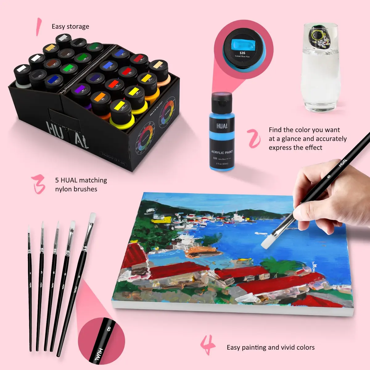 HUAL Acrylic Paint Set with 24 Colors (60ml/2oz Each) & 5 Brushes | ASTM D-4236 Certified Non-Toxic Art Paint - view 8