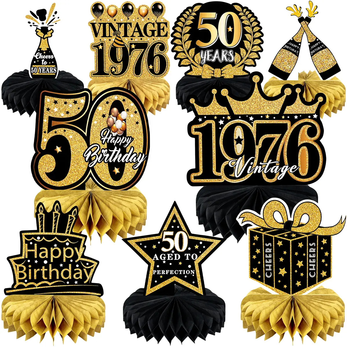 MDCGFOD 50th Birthday Decoration Pack | Black & Gold Table Honeycombs & Cardboard - main product image