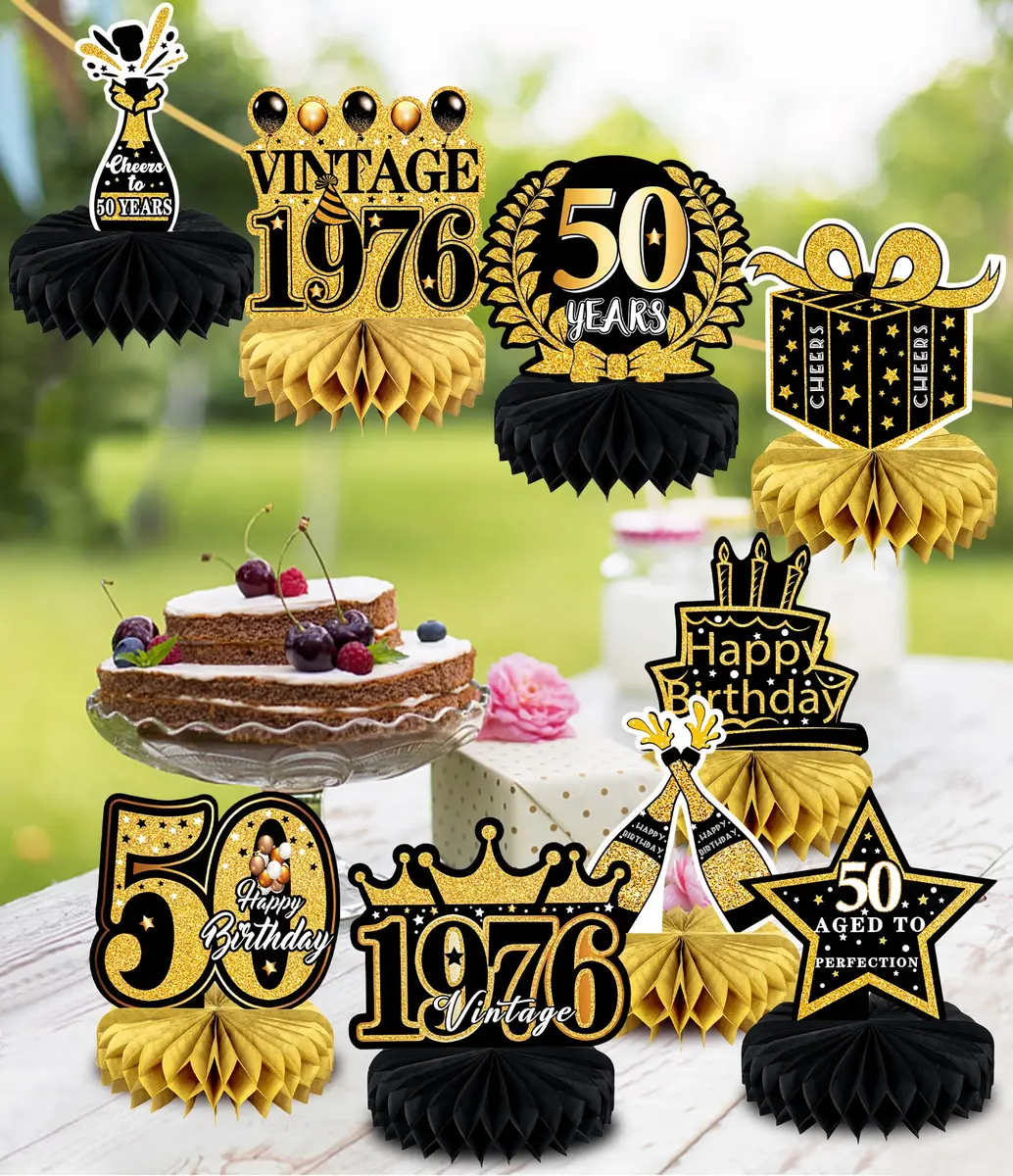 MDCGFOD 50th Birthday Decoration Pack | Black & Gold Table Honeycombs & Cardboard - view 6