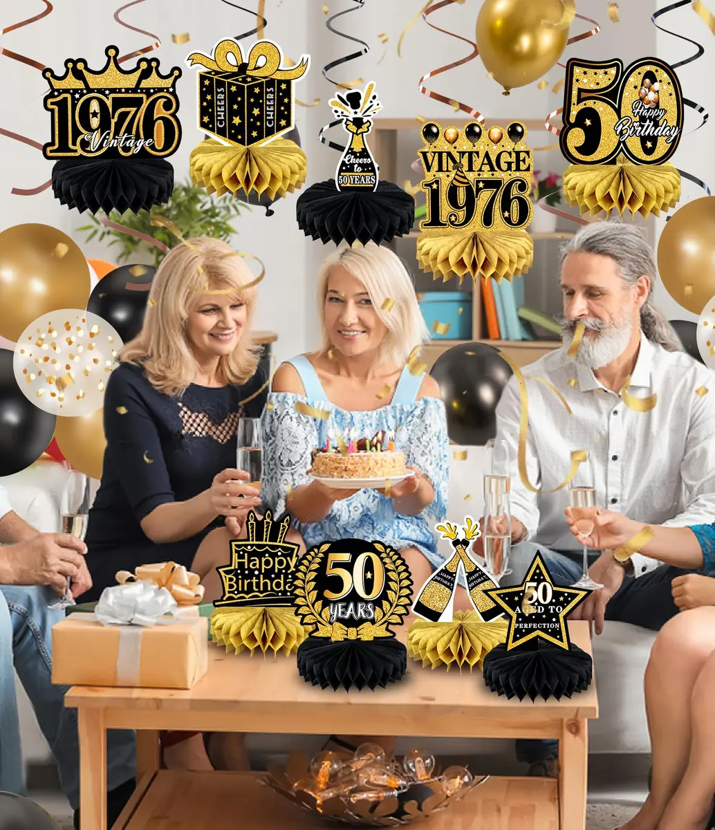 MDCGFOD 50th Birthday Decoration Pack | Black & Gold Table Honeycombs & Cardboard - view 3