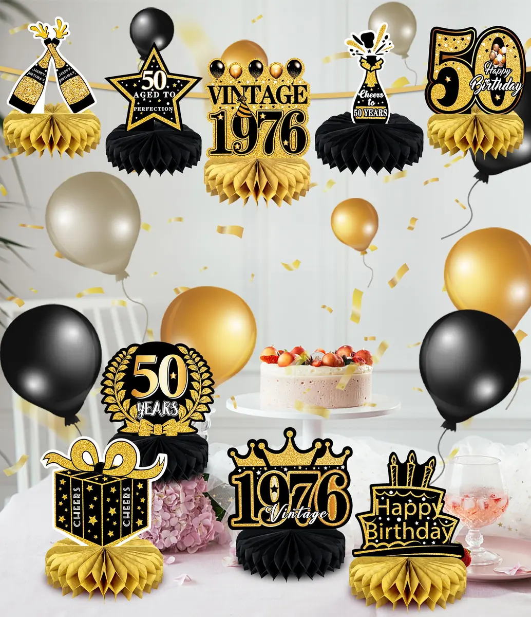 MDCGFOD 50th Birthday Decoration Pack | Black & Gold Table Honeycombs & Cardboard - view 4