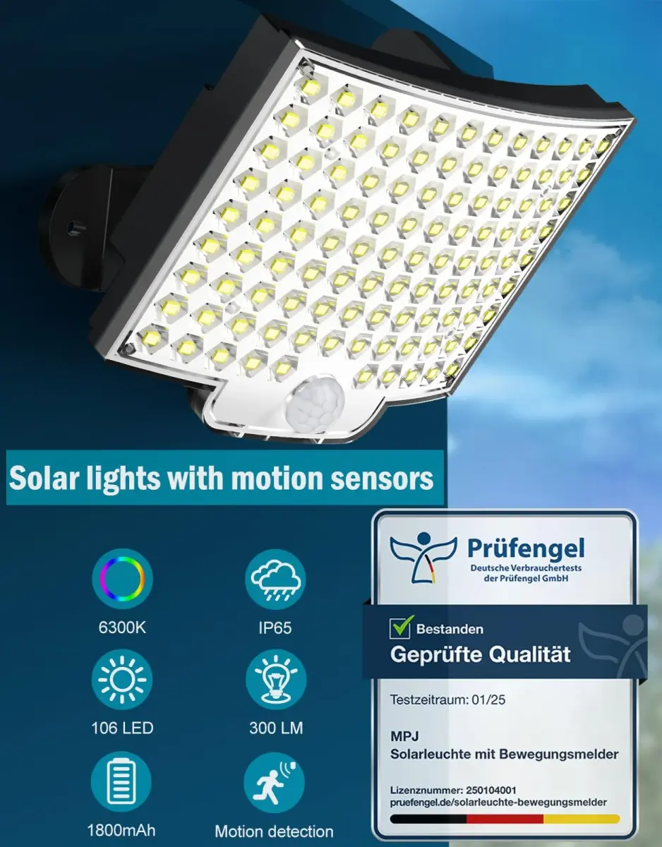 MPJ Solar Wall Light Outdoor with Motion Sensor, 106 LED, 16.5 ft Cable, 2 Pack | Split Panel Design for Brighter Nights - view 4