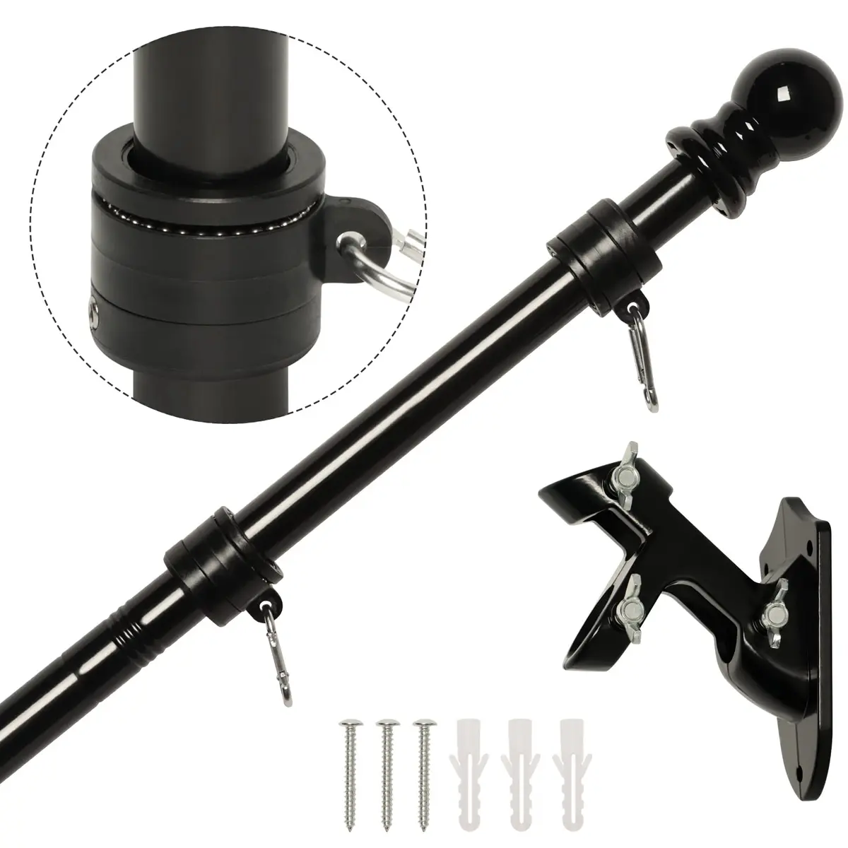 NELXINJO 5ft Black Stainless Steel Flag Pole Kit with Bracket | Anti-Wrap Spinning Design - main product image