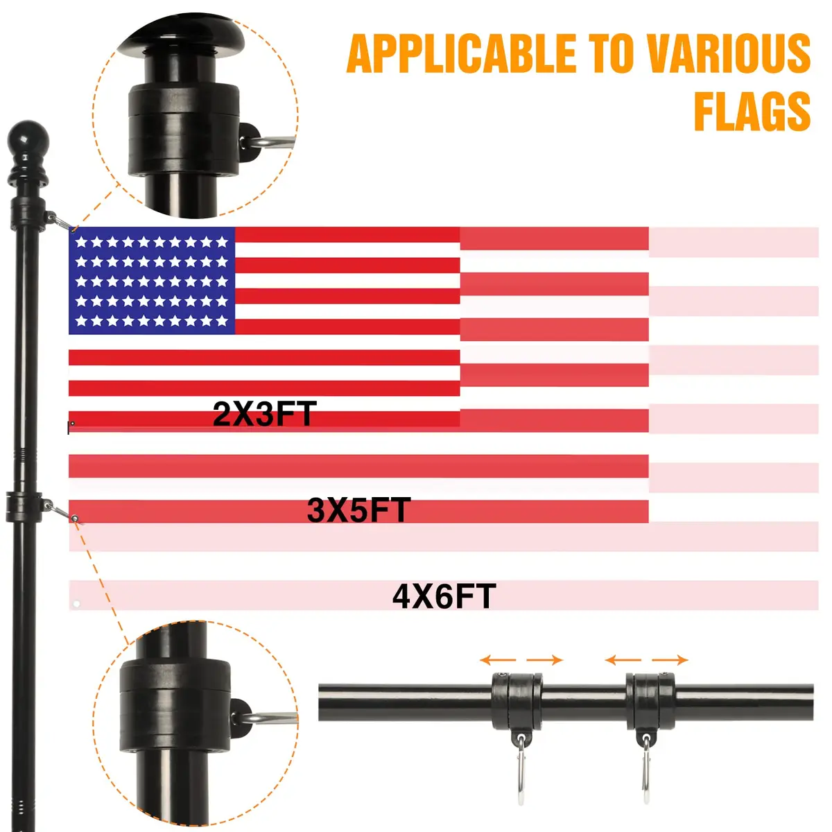 NELXINJO 5ft Black Stainless Steel Flag Pole Kit with Bracket | Anti-Wrap Spinning Design - view 3