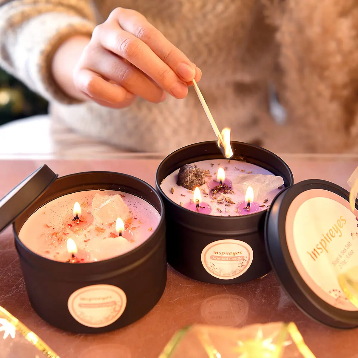 Inspireyes Crystal Soy Candles Set, 3 Wick 19 oz Soy Wax Scented Candle for Meditation - main product image