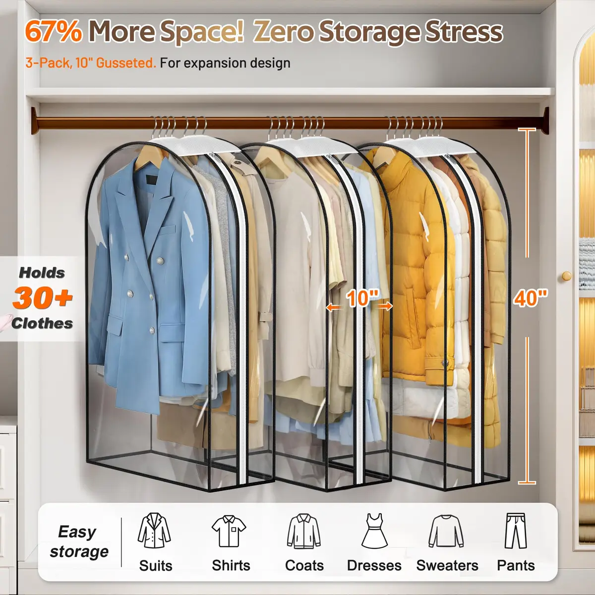 MISSLO Clear Gusseted Garment Bags 40" (101.6 cm) x 22" (55.88 cm) x 10" (25.4 cm) — 3 Pack | Protects Clothes from Dust & Wrinkles - view 2