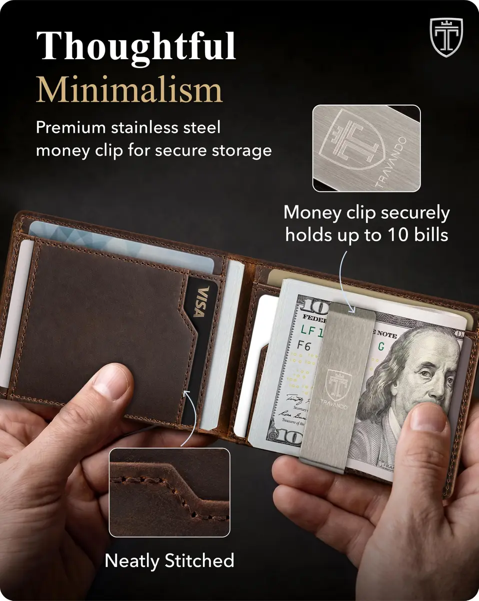 TRAVANDO AirTag Money Clip Wallet with RFID Protection - Full Grain Leather for 11 Cards, Vintage Brown | 11.0 cm x 8.0 cm x 2.0 cm - view 4
