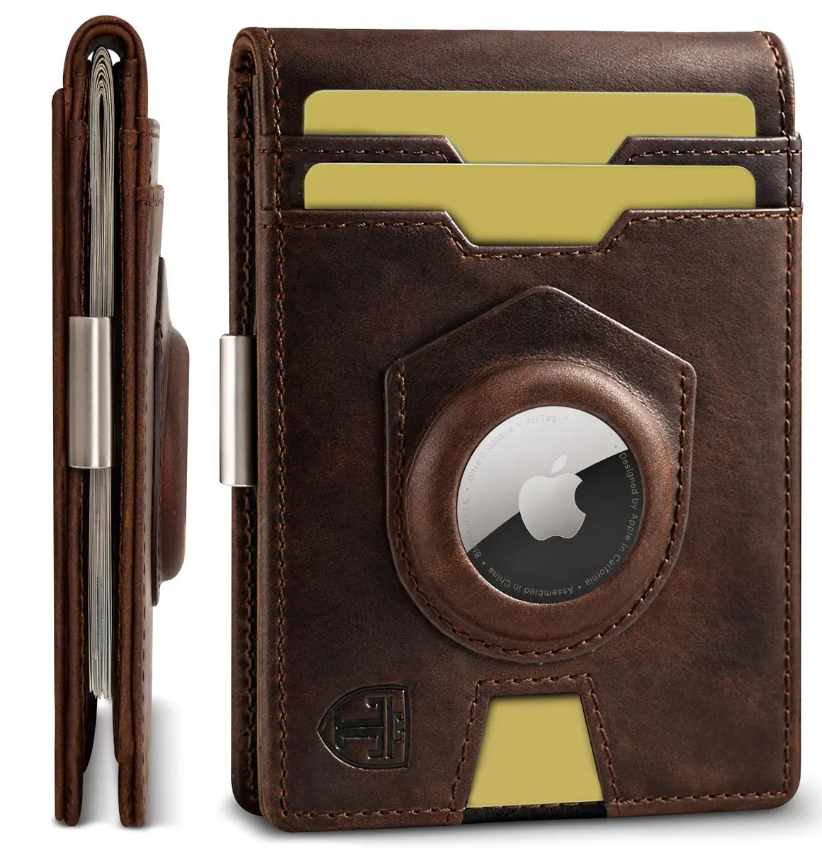 TRAVANDO AirTag Money Clip Wallet with RFID Protection - Full Grain Leather for 11 Cards, Vintage Brown | 11.0 cm x 8.0 cm x 2.0 cm - main product image