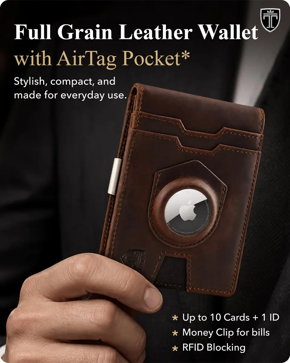 TRAVANDO AirTag Money Clip Wallet with RFID Protection - Full Grain Leather for 11 Cards, Vintage Brown | 11.0 cm x 8.0 cm x 2.0 cm - view 2