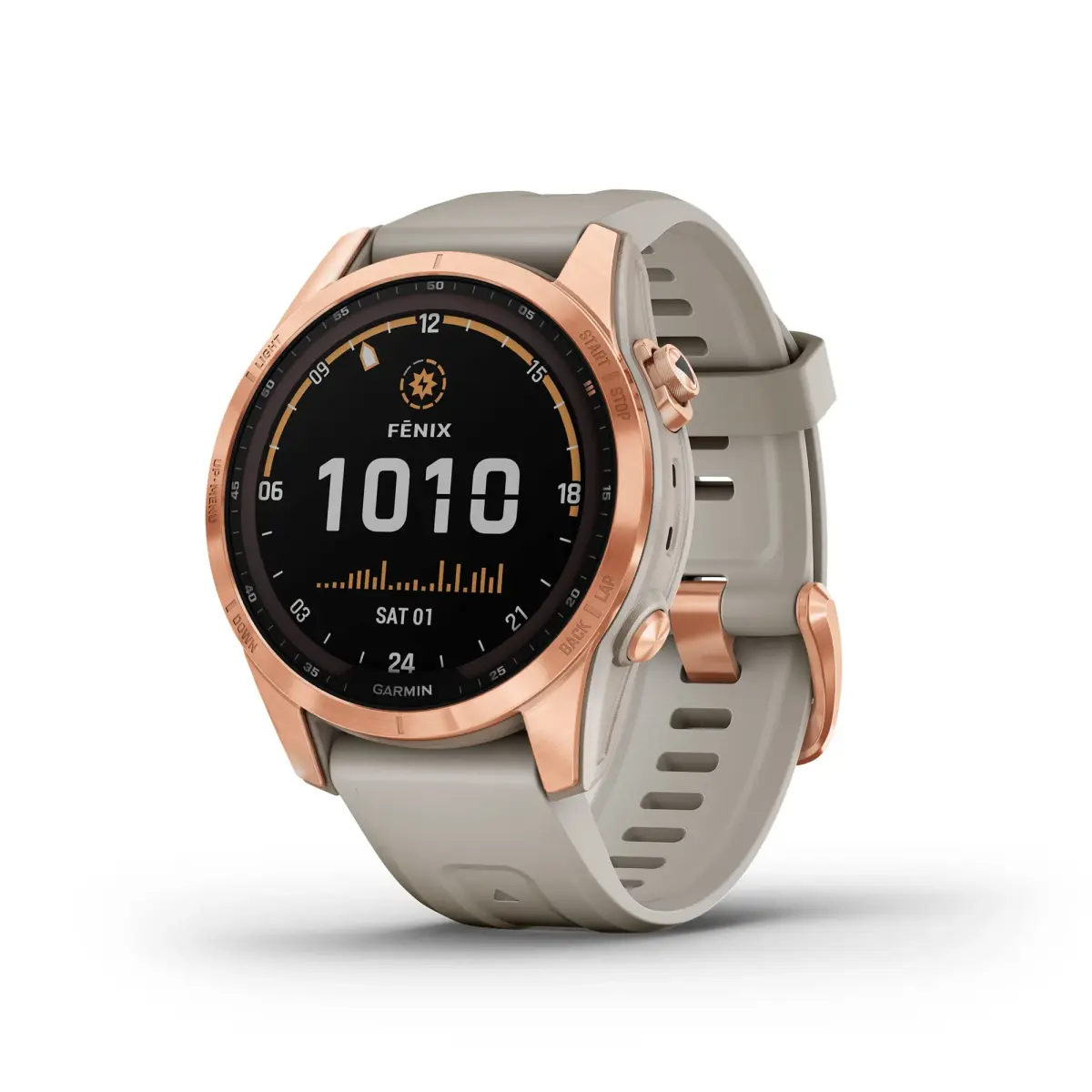 Garmin fenix 7S Solar Smartwatch, 42mm Rose Gold with Light Sand Band | Solar Charging, GPS, Touchscreen - main product image