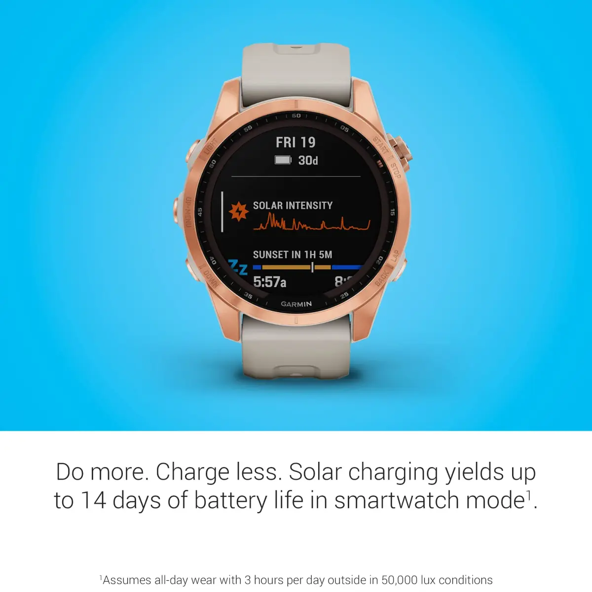 Garmin fenix 7S Solar Smartwatch, 42mm Rose Gold with Light Sand Band | Solar Charging, GPS, Touchscreen - view 3