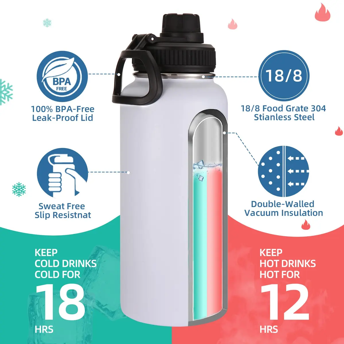 Volhoply 32oz Insulated Water Bottle with Straw Lid | Double Wall Vacuum Keeps Hot 12h Cold 18h | 8-Pack - view 3
