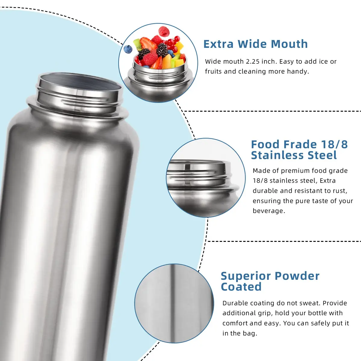 Volhoply 32oz Insulated Water Bottle with Straw Lid, Silver, 1-Pack | Double Wall Vacuum, Keeps Cold 18h - view 5