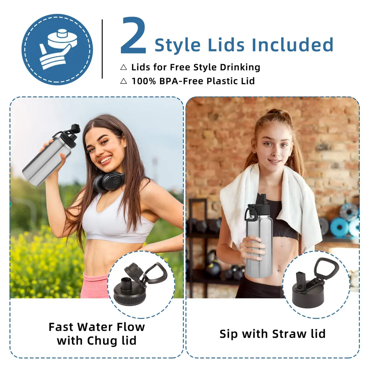 Volhoply 32oz Insulated Water Bottle with Straw Lid, Silver, 1-Pack | Double Wall Vacuum, Keeps Cold 18h - view 2