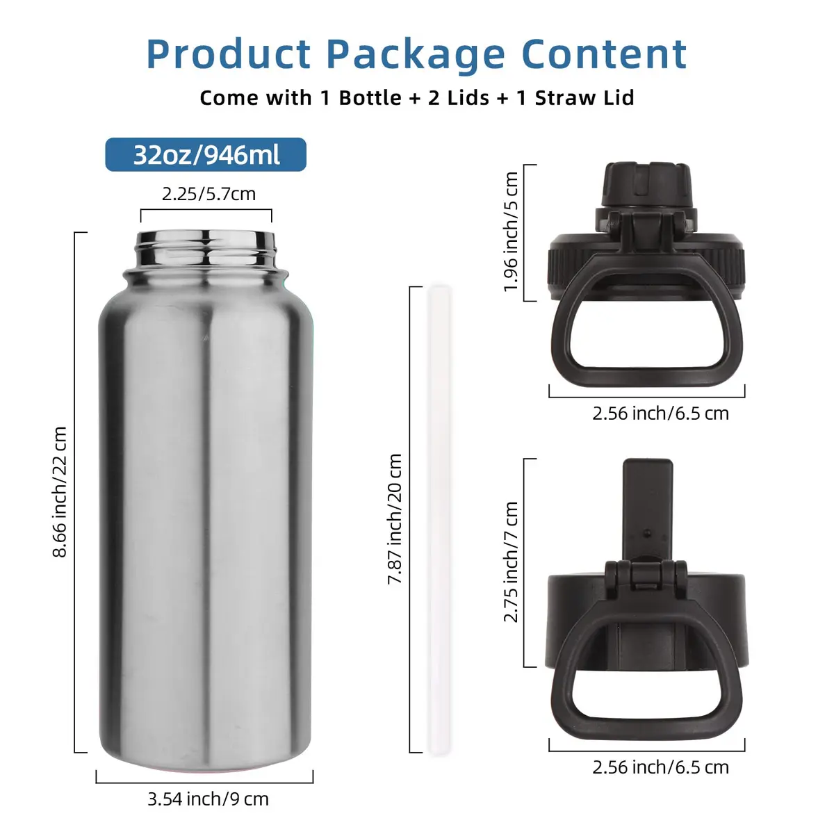 Volhoply 32oz Insulated Water Bottle with Straw Lid, Silver, 1-Pack | Double Wall Vacuum, Keeps Cold 18h - view 4