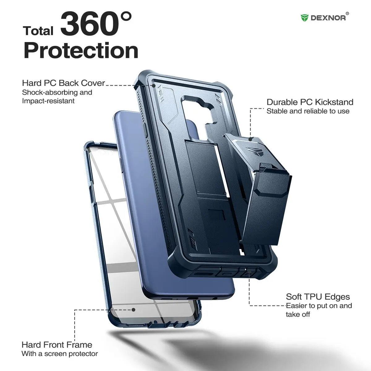 Dexnor Samsung Galaxy S9+ Plus Case | Built-in Screen Protector & Kickstand, Navy Blue - view 6