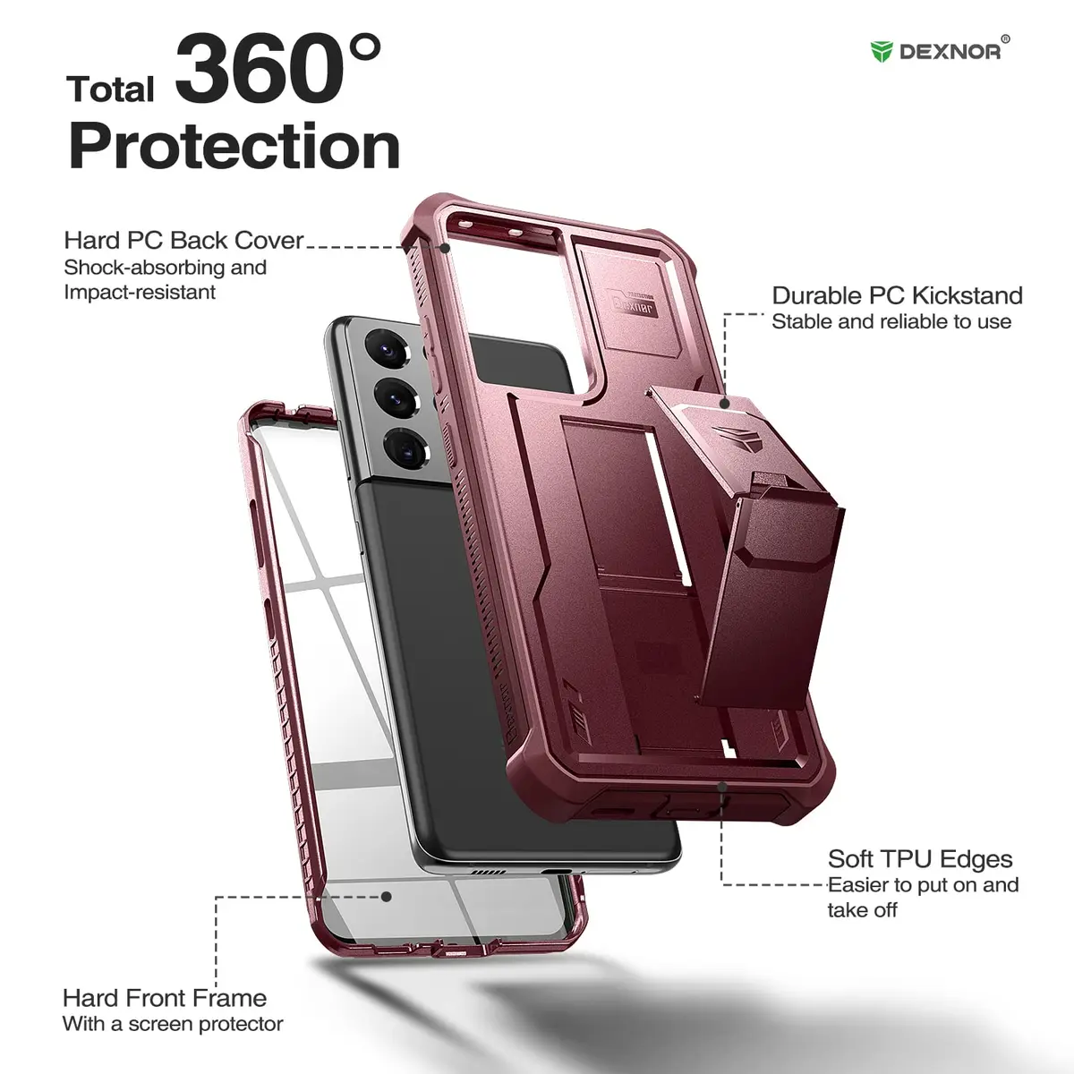 Dexnor Galaxy S21 Ultra Case with Screen Protector & Kickstand | Heavy Duty Shockproof Cover, 6.8 inch, Maroon Red - view 6