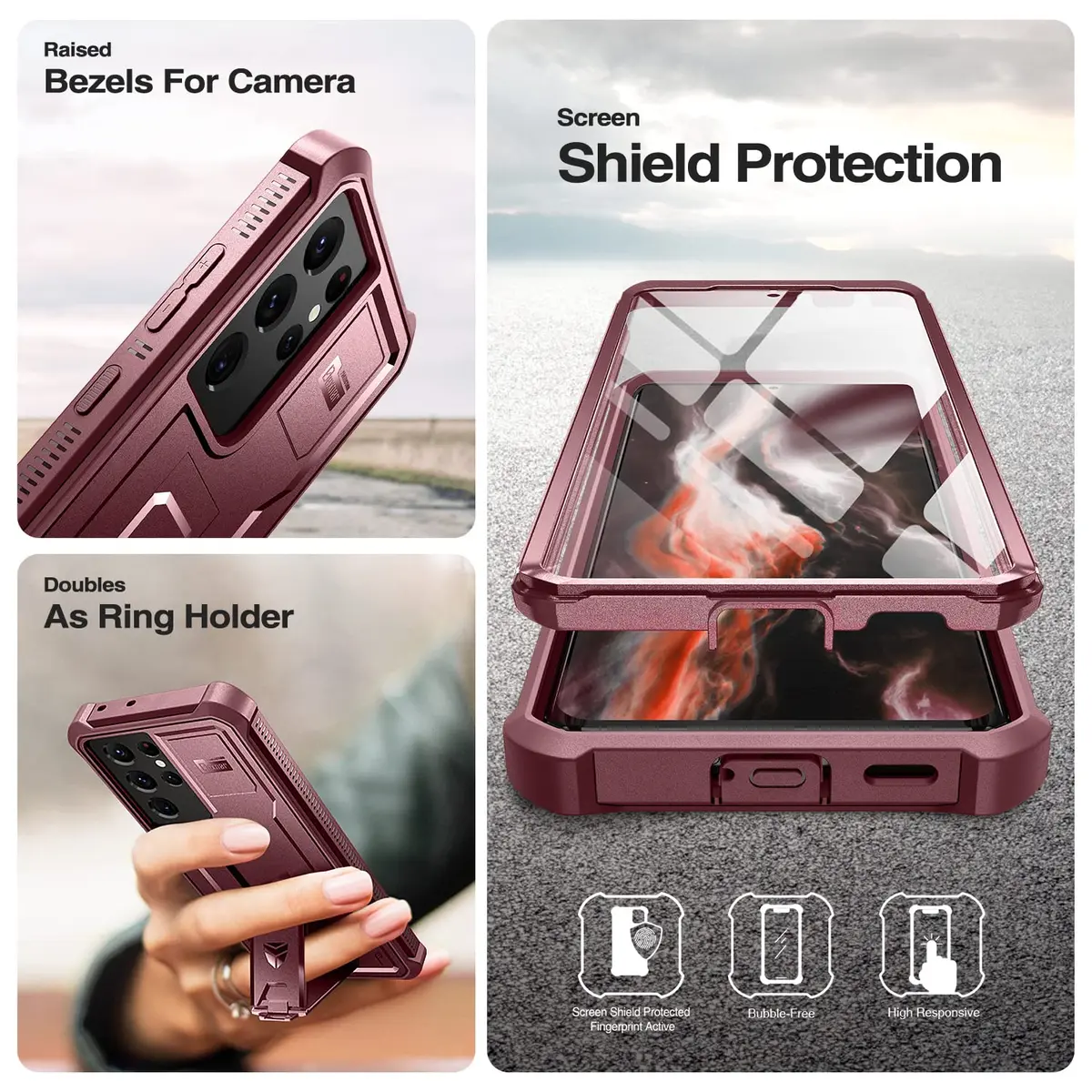 Dexnor Galaxy S21 Ultra Case with Screen Protector & Kickstand | Heavy Duty Shockproof Cover, 6.8 inch, Maroon Red - view 7