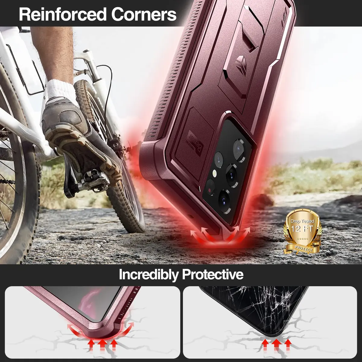Dexnor Galaxy S21 Ultra Case with Screen Protector & Kickstand | Heavy Duty Shockproof Cover, 6.8 inch, Maroon Red - view 3