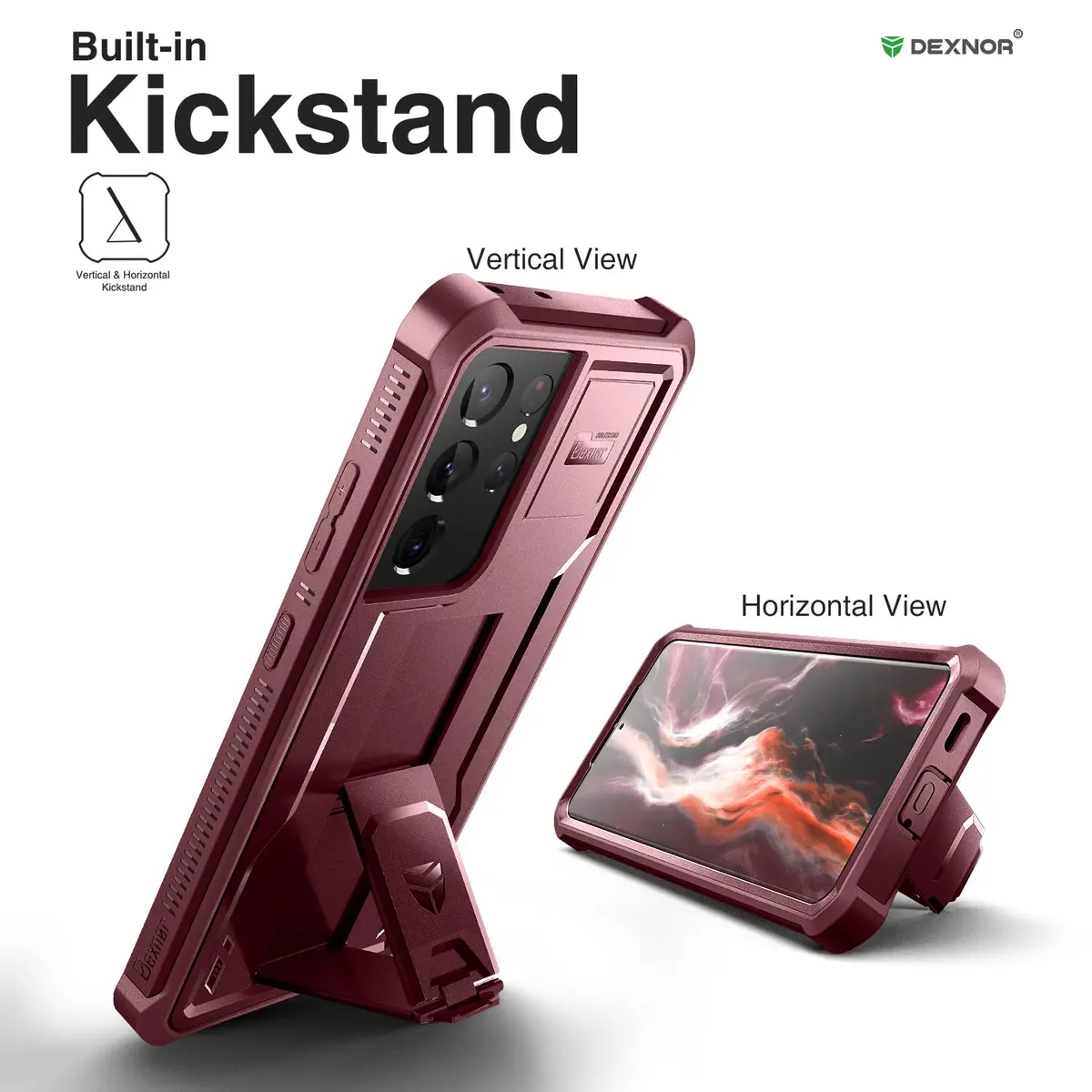 Dexnor Galaxy S21 Ultra Case with Screen Protector & Kickstand | Heavy Duty Shockproof Cover, 6.8 inch, Maroon Red - view 4