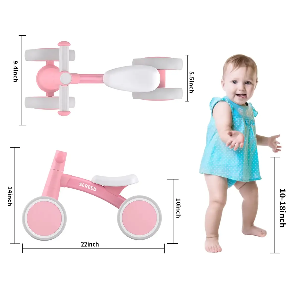 SEREED Baby Balance Bike for 1 Year Old Boy Girl, First Birthday Gift Toy | Aluminum Alloy Frame, 10-inch EVA Wheels - view 3