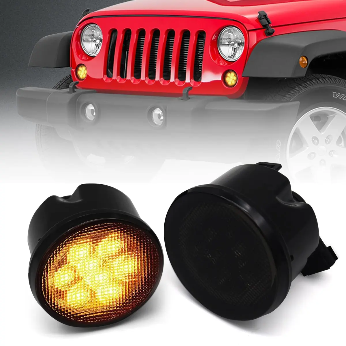 DKMGHT Smoked Lens LED Turn Signal Lights for Jeep Wrangler JK JKU 2007-2018 | Amber LED Front Blinkers Grill Indicator Parking Lamp (Set of 2) - main product image