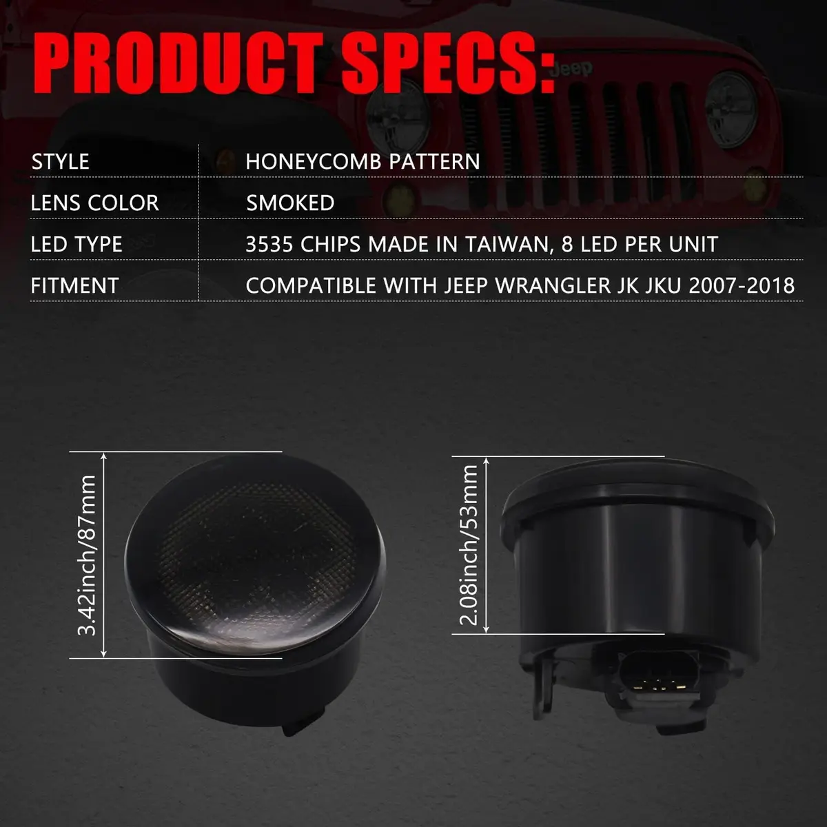DKMGHT Smoked Lens LED Turn Signal Lights for Jeep Wrangler JK JKU 2007-2018 | Amber LED Front Blinkers Grill Indicator Parking Lamp (Set of 2) - view 6