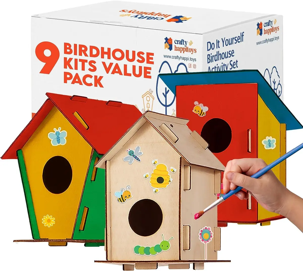 CRAFTY HAPPITOYS 9 DIY Bird House Kits for Kids to Build & Paint | Wooden Craft Kit for Ages 4-12 - main product image