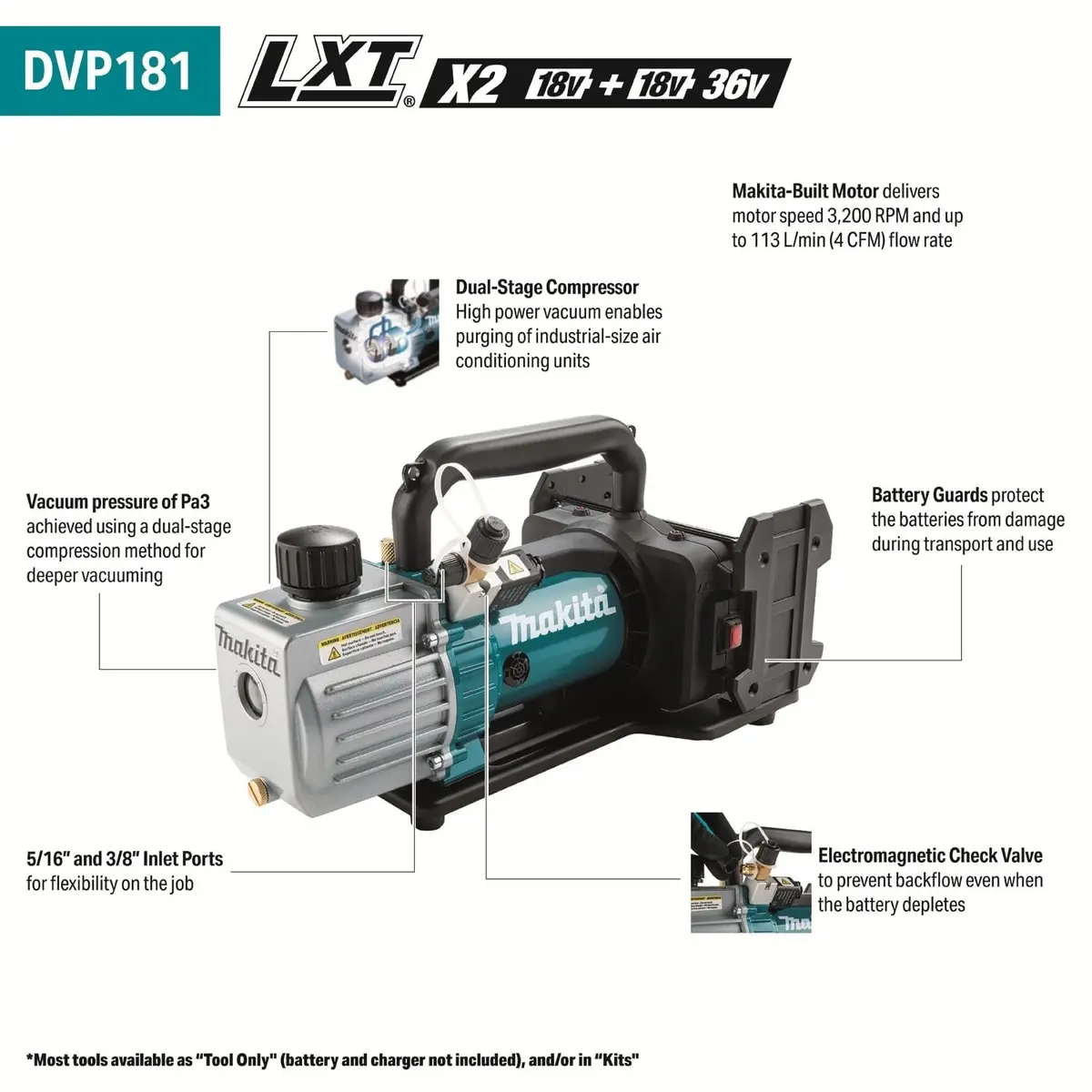 Makita DVP181ZK 18V LXT® Cordless 4 CFM Dual-Stage Vacuum Pump, Tool Only | High Power HVAC Solution - view 2