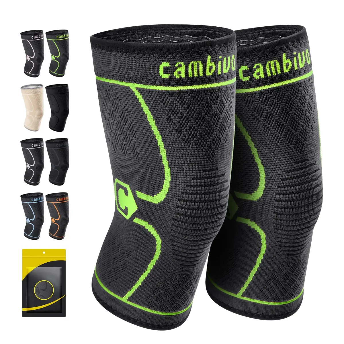 CAMBIVO 2 Pack Knee Brace Compression Sleeve for Men & Women, Green Small | FDA Approved Orthopedic Brace - main product image