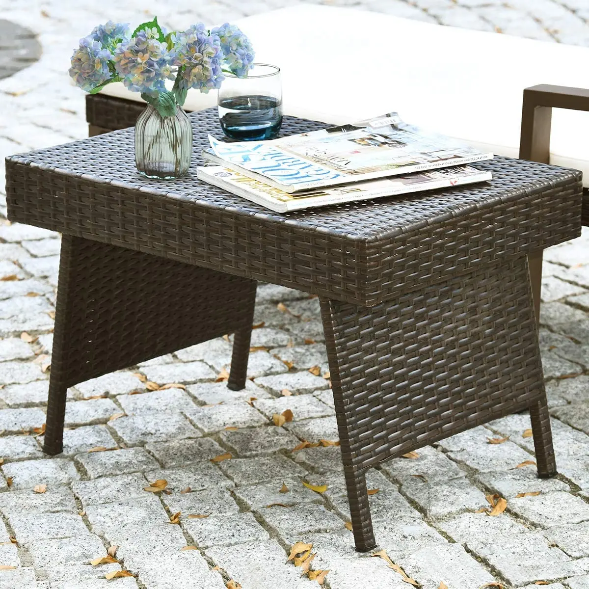 HAPPYGRILL Outdoor Wicker Table Folding Rattan Side Table 24" x 16" | Foldable & Sun Resistant - main product image