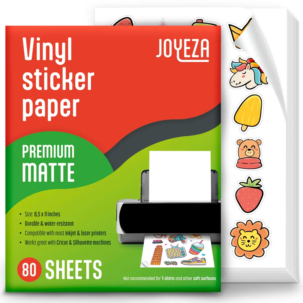 JOYEZA Printable Vinyl Sticker Paper for Inkjet Printer 80 Sheets Matte White Waterproof | Waterproof, Quick-Dry, Vivid Colors - main product image