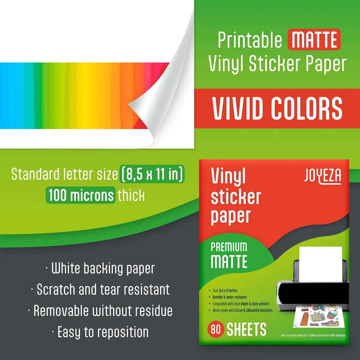 JOYEZA Printable Vinyl Sticker Paper for Inkjet Printer 80 Sheets Matte White Waterproof | Waterproof, Quick-Dry, Vivid Colors - view 2