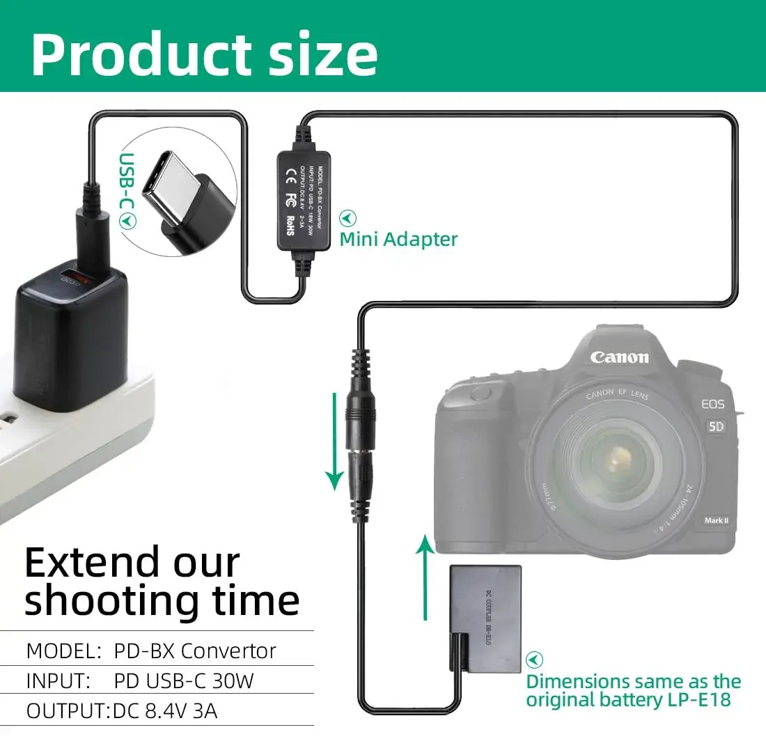 RONFEN DR-E18 USB-C PD Adapter Kit for Canon Cameras | 1.2M Cable, 30W Output - view 6