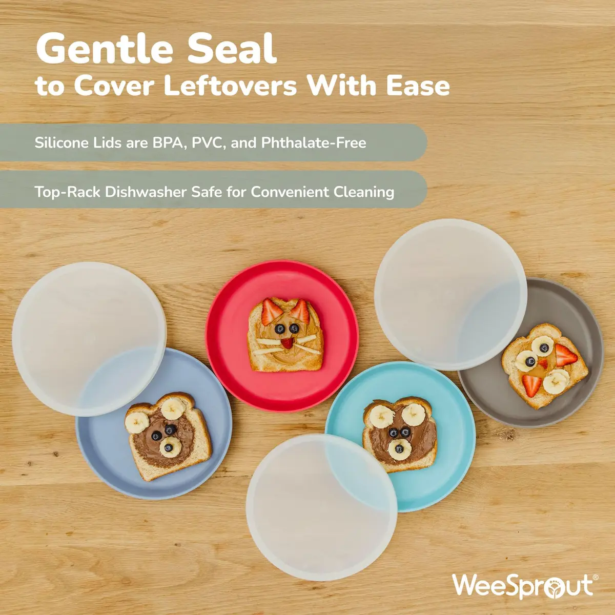 WeeSprout Bamboo Plates with Silicone Lids, Set of 4, Kid-Sized Dinnerware, 21cm (8.27in) | Dishwasher Safe Melamine Dishware - view 3