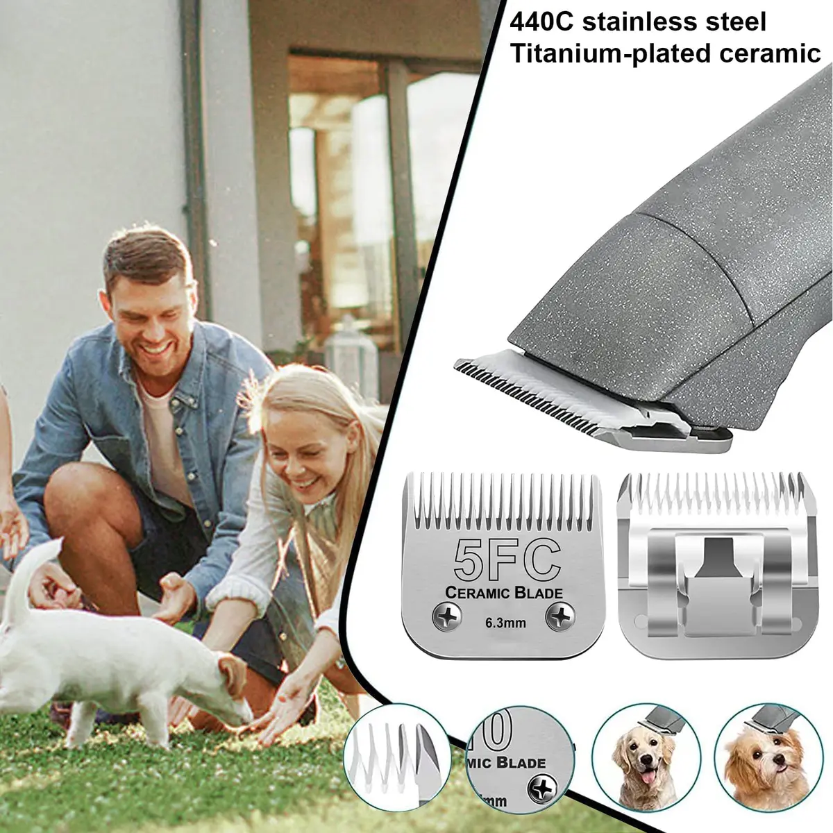 Audoc 5FC Blade Dog Grooming Clipper Blades | Compatible with Andis Dog Clipper, Ceramic & Stainless Steel, 6.3mm Cut - view 3