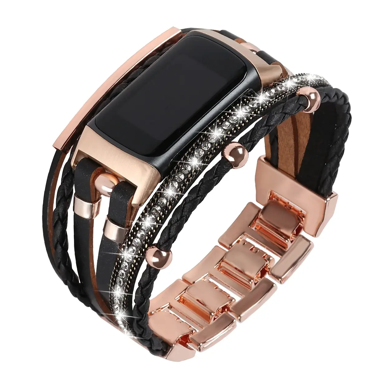 YOSWAN Leather Bands Compatible with Fitbit Charge 5 | Multilayer Wrap Design for Women (Black/Rose Gold) - main product image