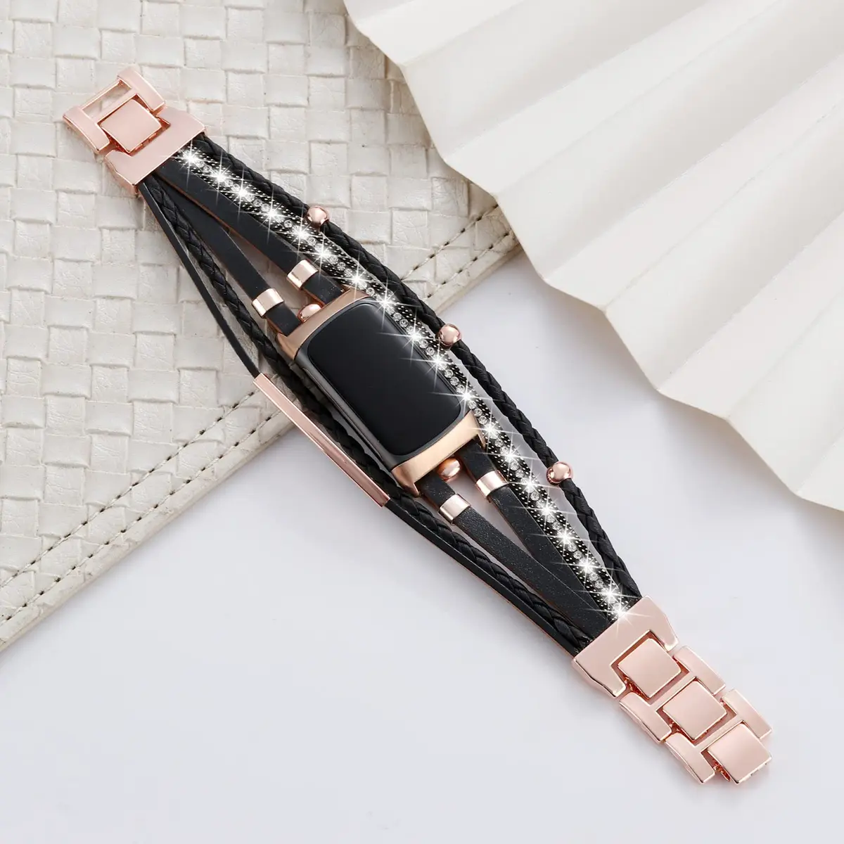 YOSWAN Leather Bands Compatible with Fitbit Charge 5 | Multilayer Wrap Design for Women (Black/Rose Gold) - view 5