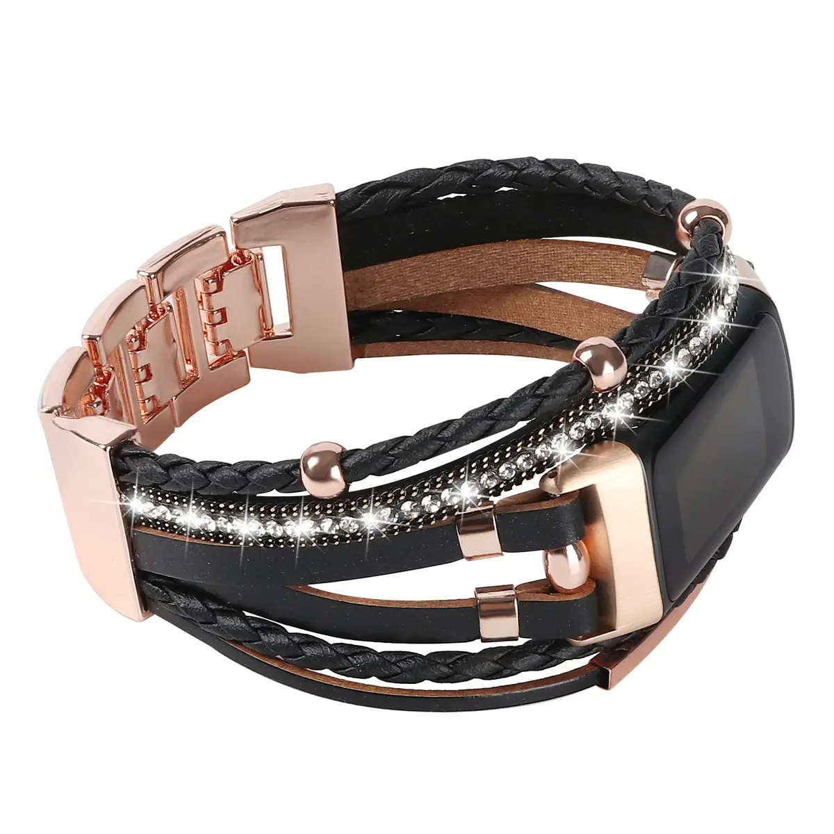YOSWAN Leather Bands Compatible with Fitbit Charge 5 | Multilayer Wrap Design for Women (Black/Rose Gold) - view 2