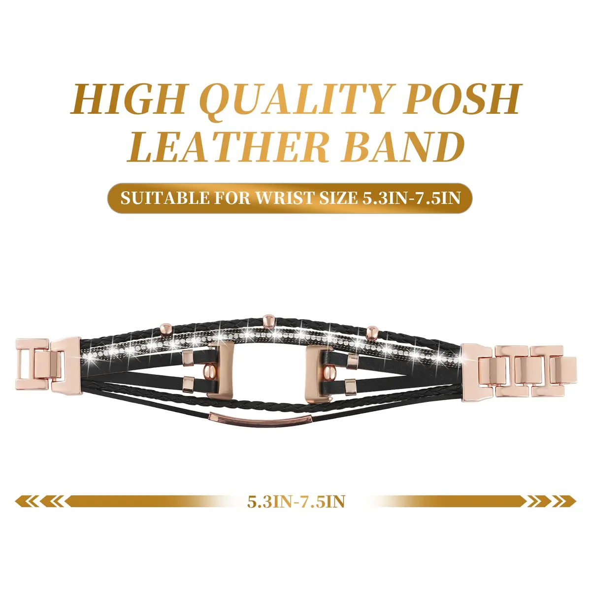 YOSWAN Leather Bands Compatible with Fitbit Charge 5 | Multilayer Wrap Design for Women (Black/Rose Gold) - view 3