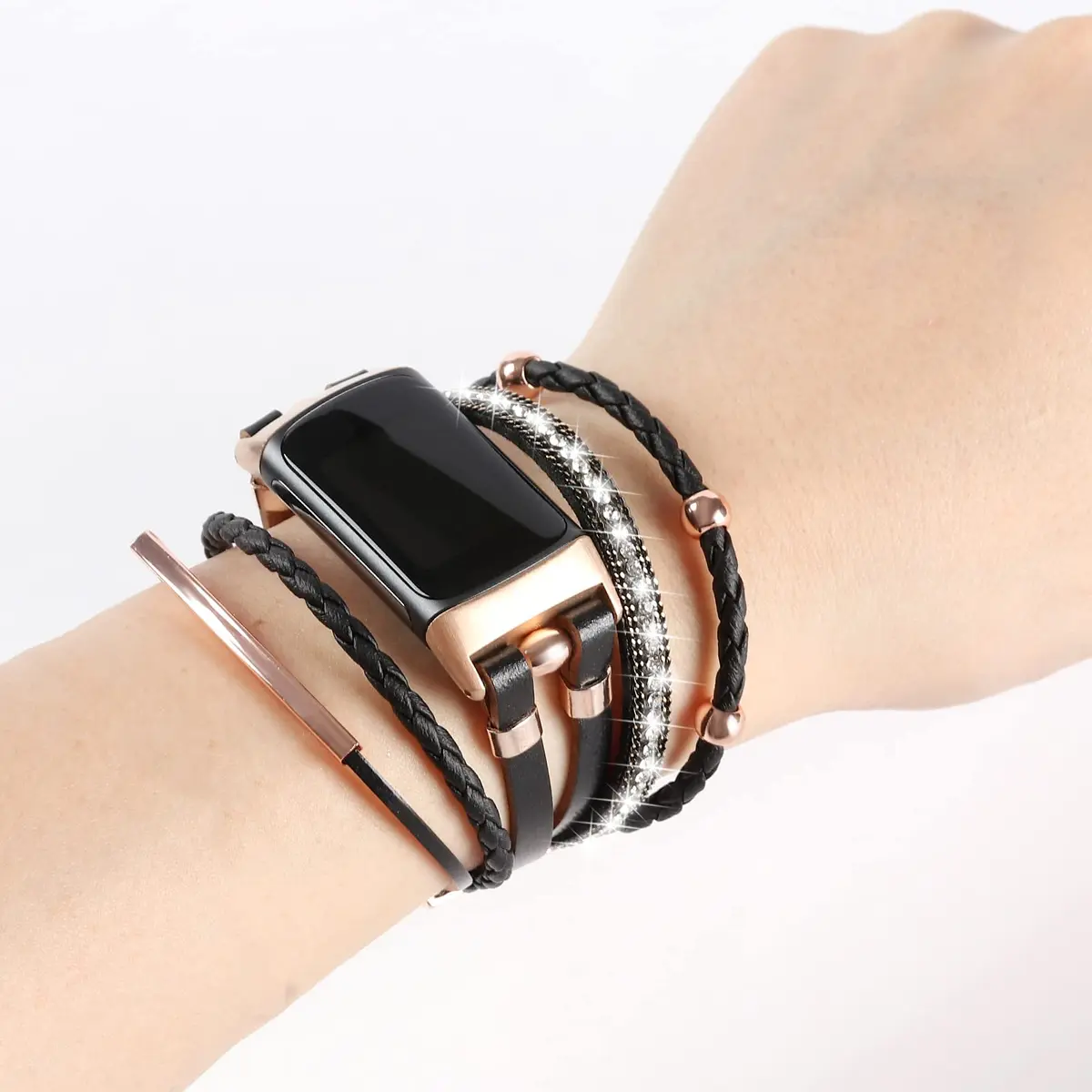 YOSWAN Leather Bands Compatible with Fitbit Charge 5 | Multilayer Wrap Design for Women (Black/Rose Gold) - view 4