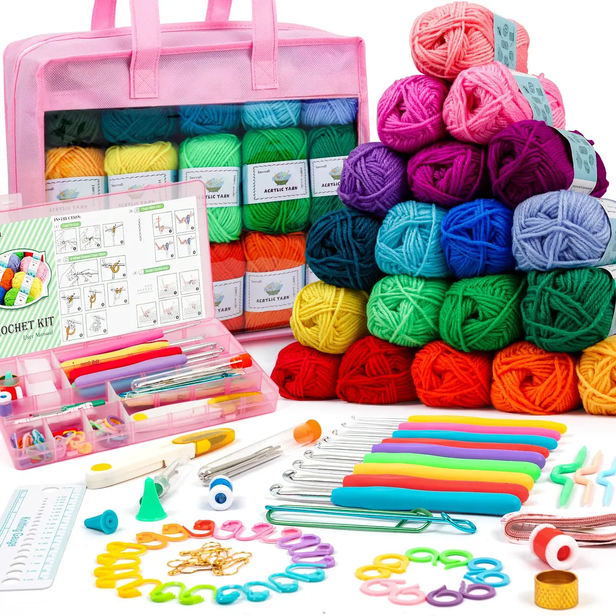 INSCRAFT Crochet Yarn Kit for Beginners & Kids | 1650 Yards, 30 Colors, Acrylic Yarn, Hooks, Manual, Pink Bag - main product image