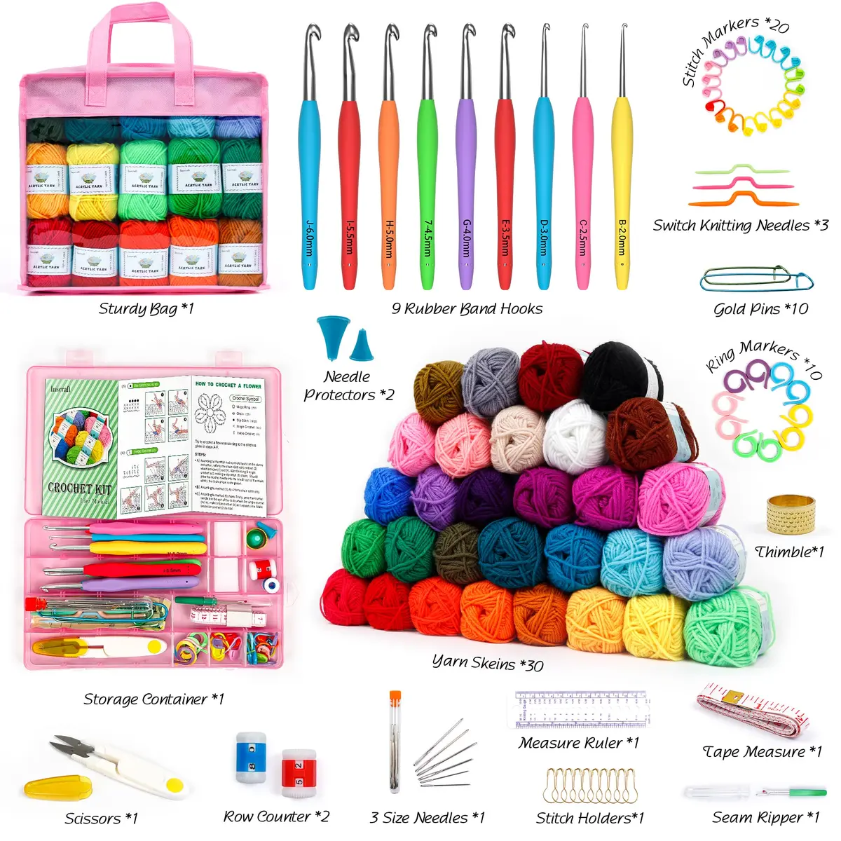 INSCRAFT Crochet Yarn Kit for Beginners & Kids | 1650 Yards, 30 Colors, Acrylic Yarn, Hooks, Manual, Pink Bag - view 2