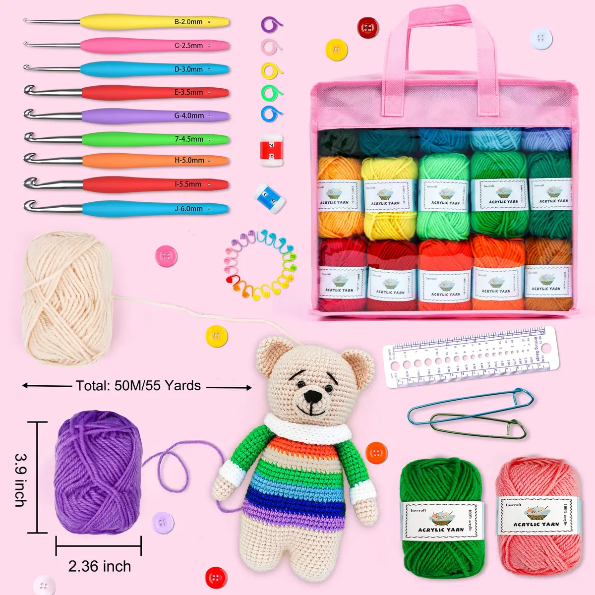 INSCRAFT Crochet Yarn Kit for Beginners & Kids | 1650 Yards, 30 Colors, Acrylic Yarn, Hooks, Manual, Pink Bag - view 3