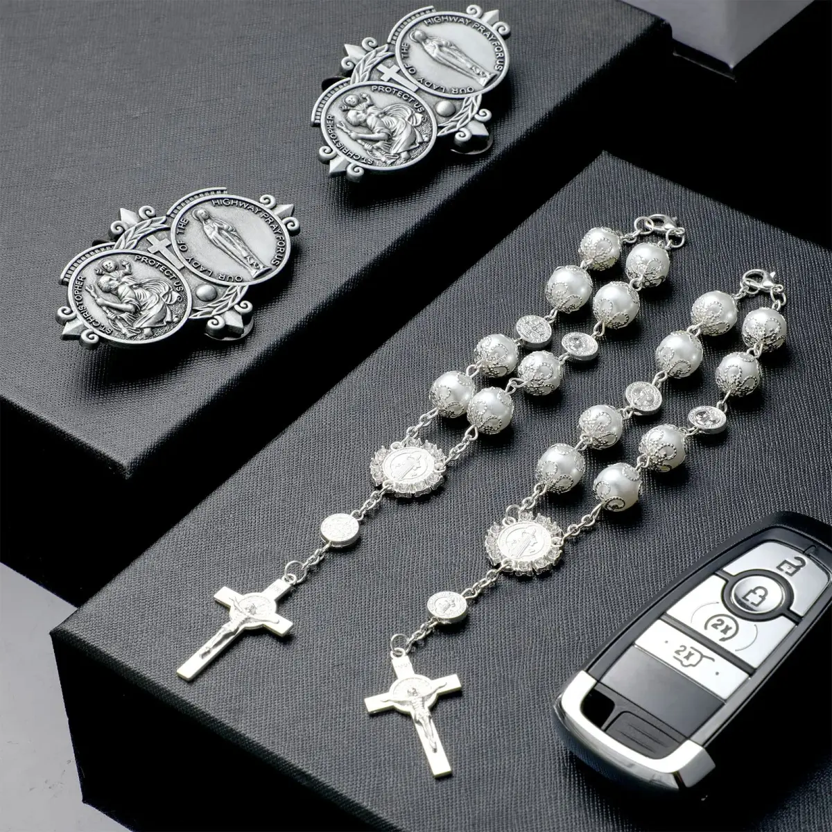 Frienda Silver 4 Pcs Car Rosary & St Christopher Visor Clip Set | Rearview Mirror Hang Auto Rosary with Blessings - view 6