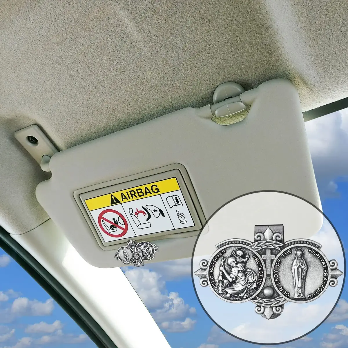 Frienda Silver 4 Pcs Car Rosary & St Christopher Visor Clip Set | Rearview Mirror Hang Auto Rosary with Blessings - view 7
