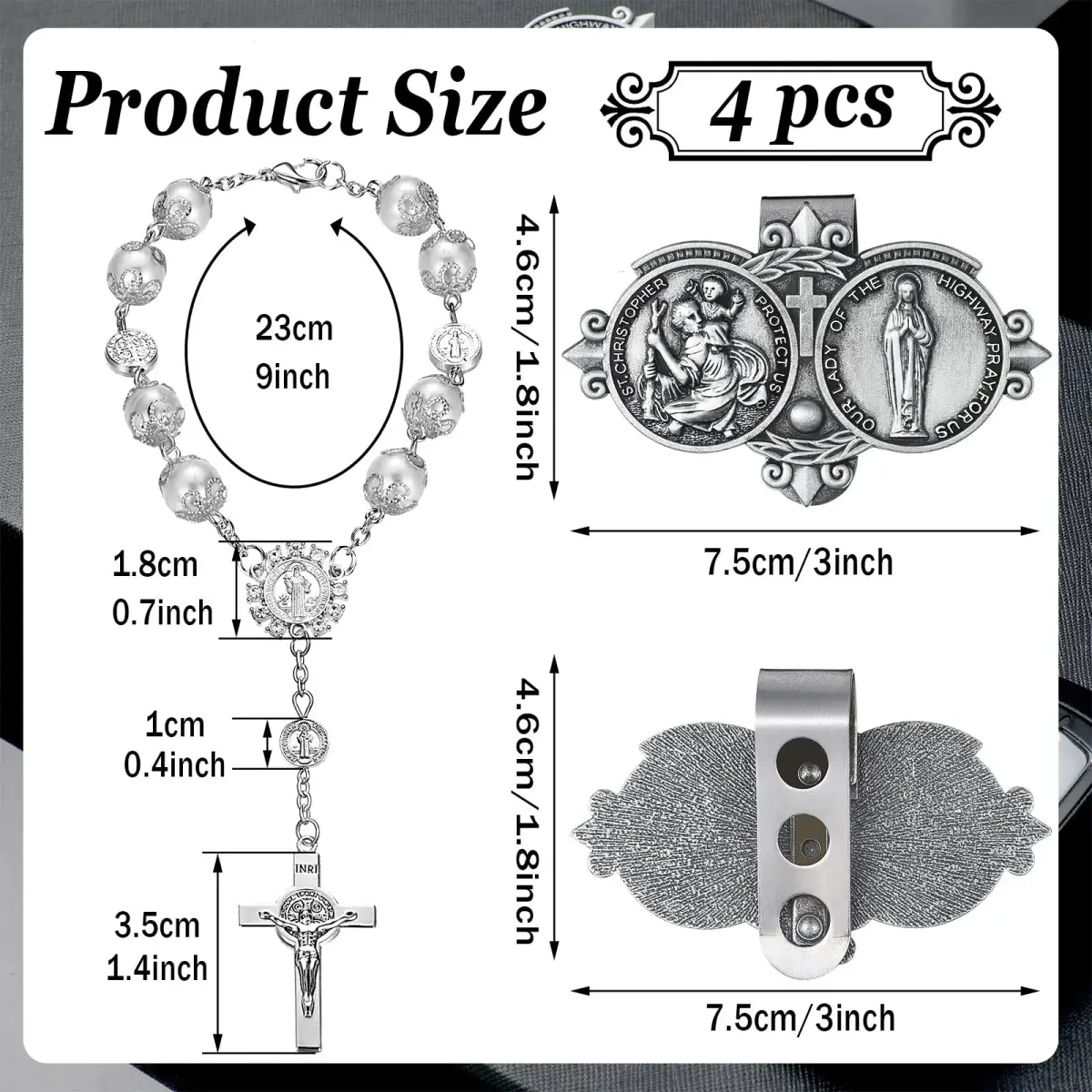 Frienda Silver 4 Pcs Car Rosary & St Christopher Visor Clip Set | Rearview Mirror Hang Auto Rosary with Blessings - view 2