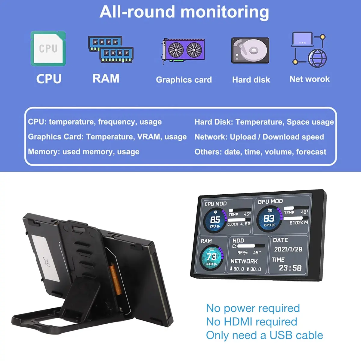 ASHATA 3.5in IPS USB Mini Screen 320x480 | PC Temperature Data Monitor - view 6